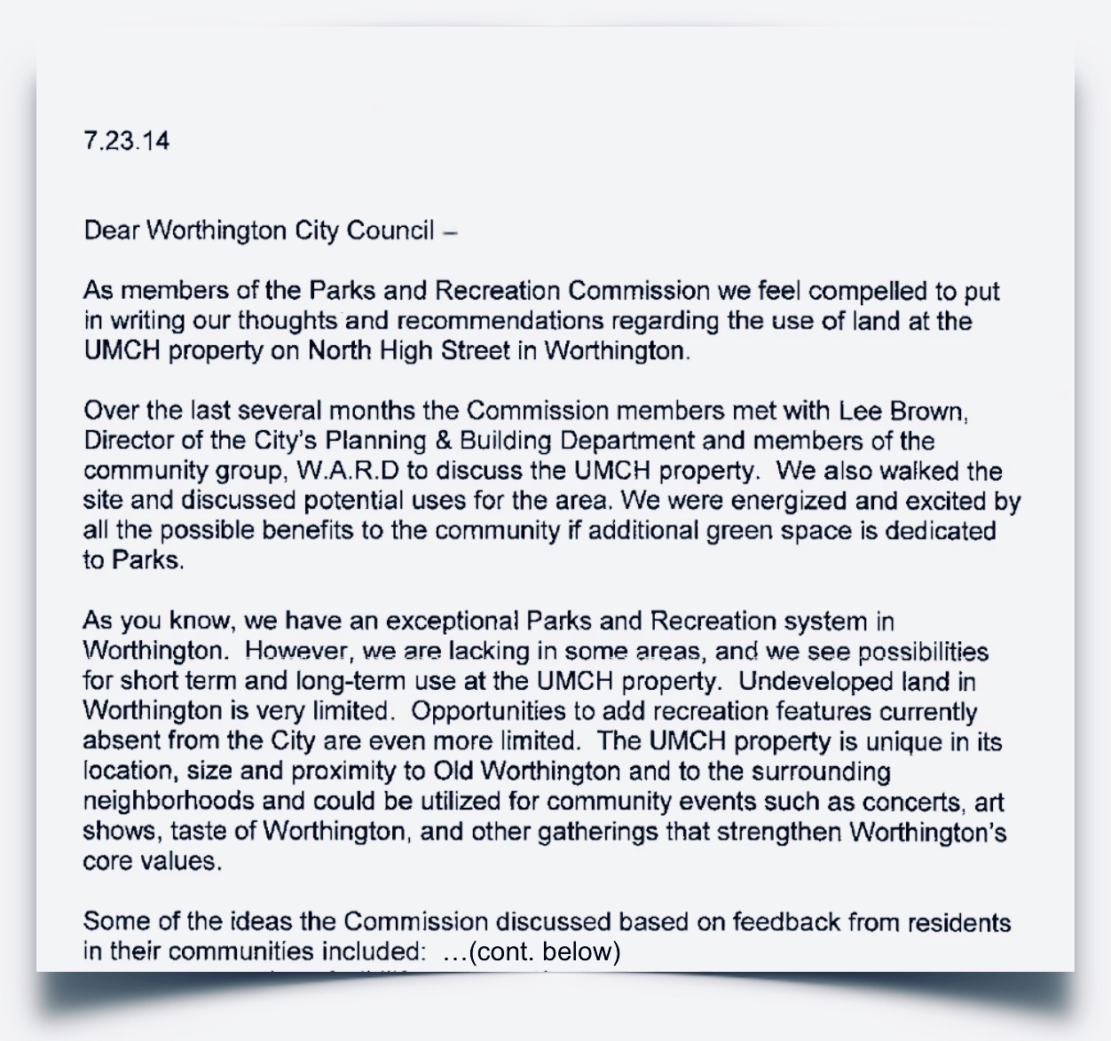 UMCH, Parks and Rec Commission letter to City Council (8): "We